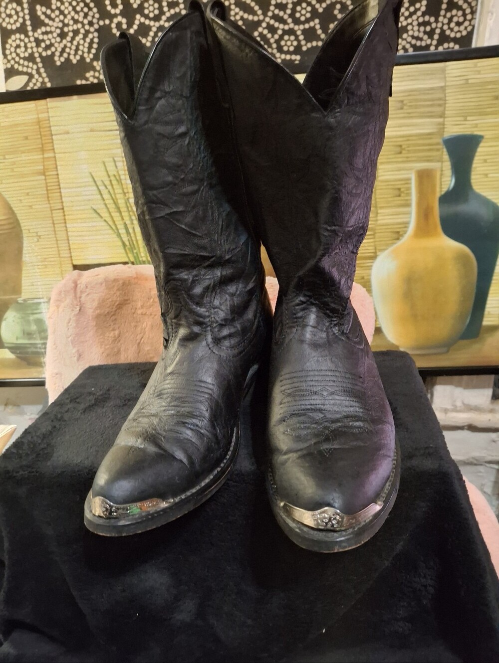 Men's Black Leather Western Cowboy Boots with Toe Caps